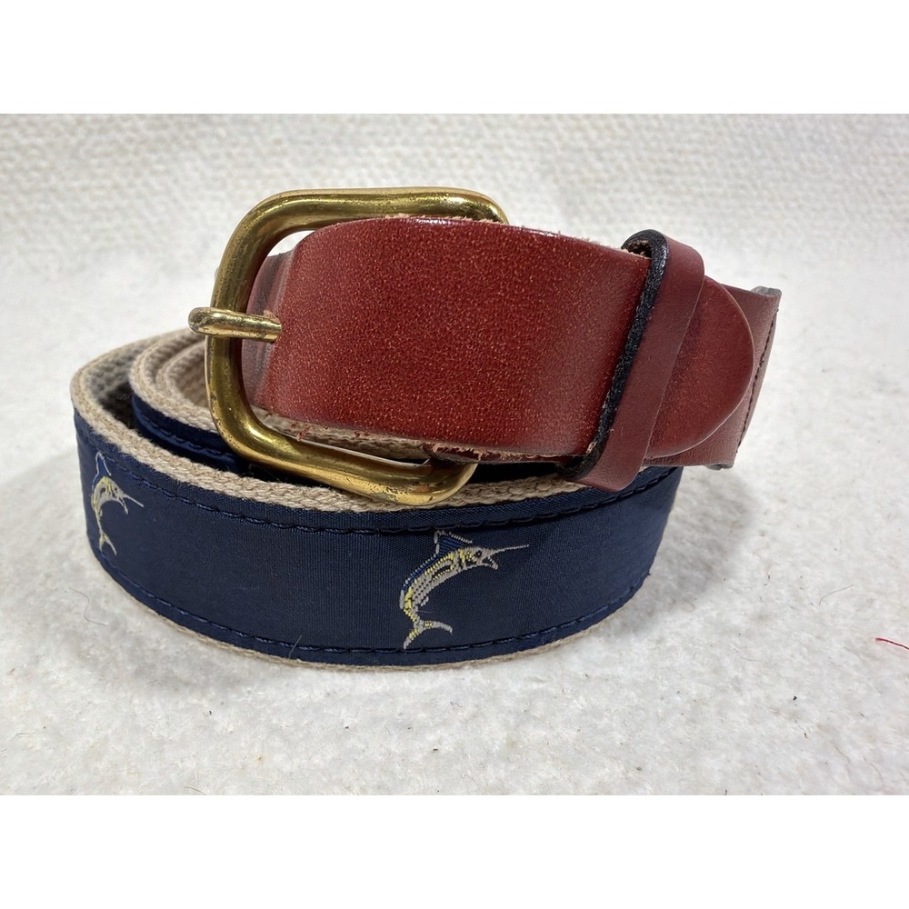 Vintage Marlin Needlepoint Belt Leather Brass Buckle Nautical Coastal Preppy 46